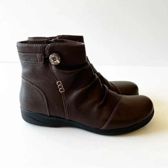 Clarks Collection Dark Brown Leather Ankle Boots Size 10 Button Detail‎ Booties - Picture 10 of 10